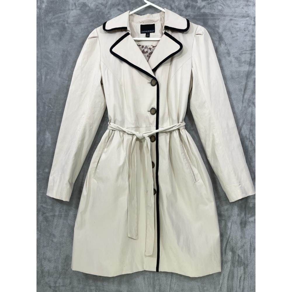 Cynthia Rowley Trench Coat Womens S‎ Belted Double Breasted Lined Ivory Preppy
